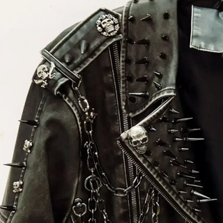 Long sleeve PU leather Skull applique zip-up top