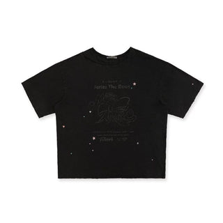 [Moromoro2] Washed Bow Graffiti Rhinestone Oversized  Tee