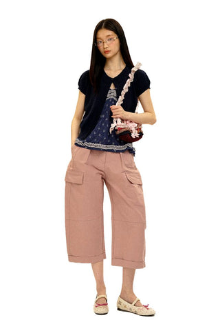[Moromoro2] 3D Silhouette Belted Work Cropped  Pants
