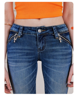[NECY] Cross Zip Pocket Washed Slim Flare Jeans