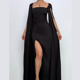 Long sleeve high slit square neck ruched maxi dress