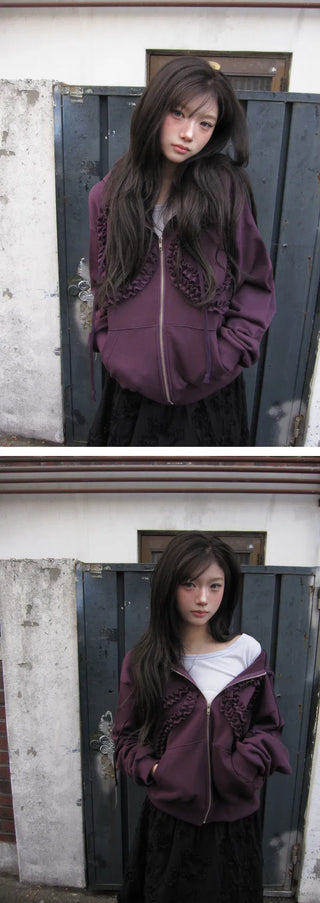 Fur-free lace frill hooded top - 2 colors