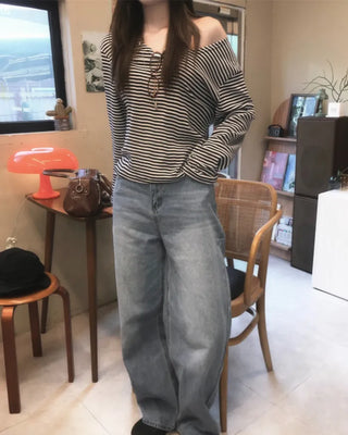 STRIPE LOOSE OFF SHOULDER TEE (3color)