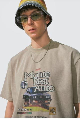 [Monterest] Washed Cotton Racing Print T-Shirt
