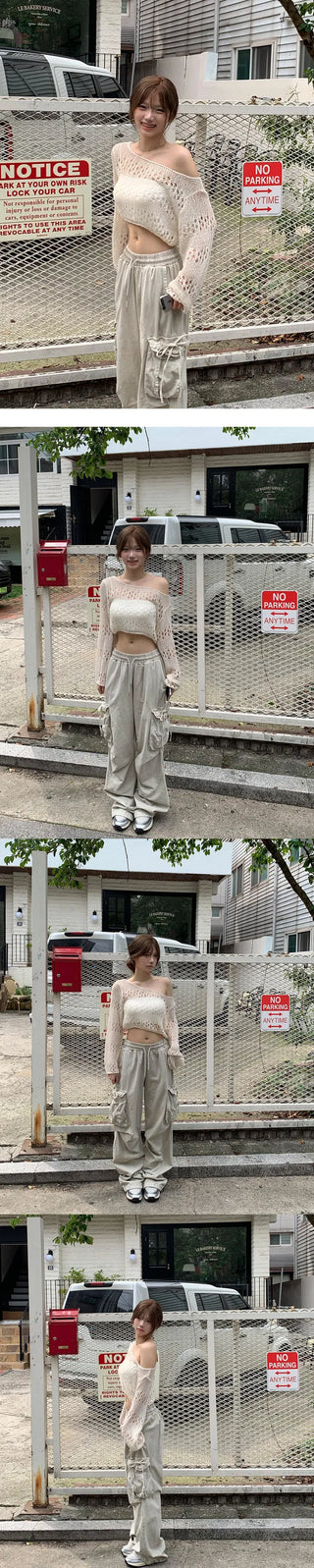 Crop Uneven Boat Neck Punching nt - 2 colors