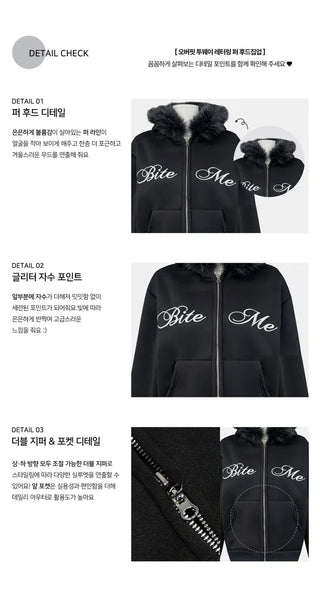 Hirit Two-Way Lettering Fur Hooded Zip-Up - 3 Colors