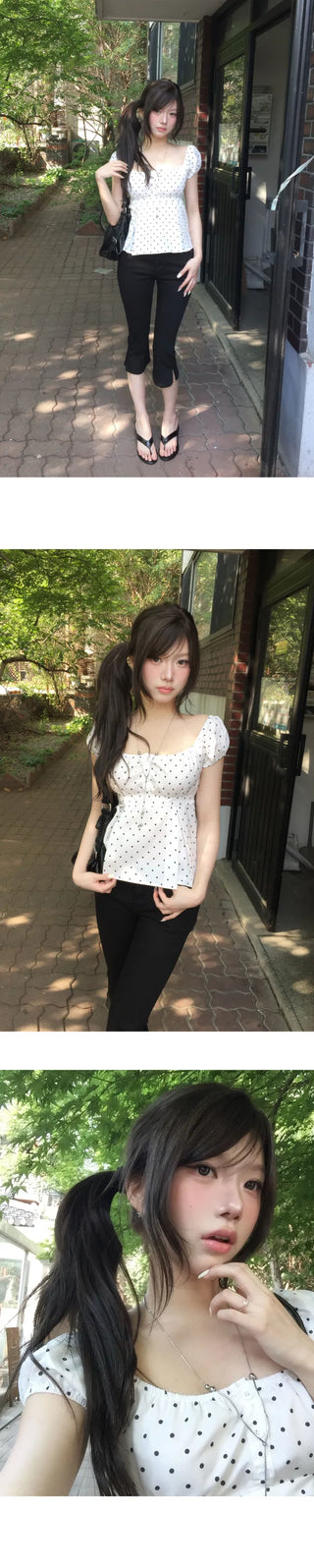 Silky Square Neck Puff Dot Blouse