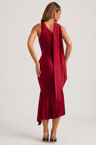 Asymmetric Scarf-Detail Midaxi Dress in True Red