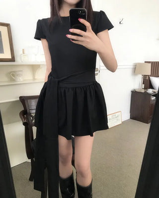 ribbon strap flared mini dress (2color)