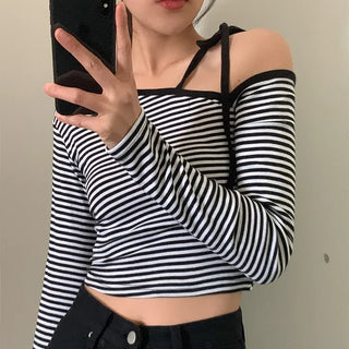 Striped border asymmetrical off-shoulder ribbon T-shirt
