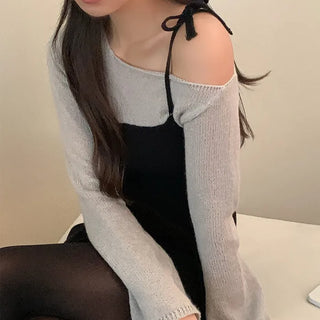 Asymmetrical two-tone ribbon knit dress