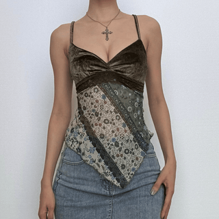 Velvet v neck lace hem print cami top