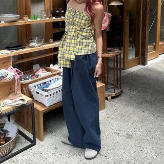 Checked Ribbon Shirt Tube Top