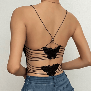 Sheer mesh butterfly applique see through backless solid top