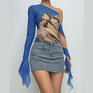 Off shoulder flared sleeve mesh print ruffle top