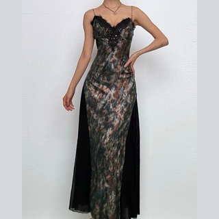 V neck contrast mesh beaded cami maxi dress