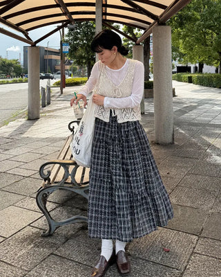 Checked Shirred Long Skirt
