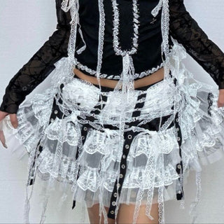Long sleeve lace hem mesh cross pattern mini skirt set