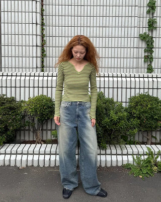 Keyhole neckline striped long-sleeve knit