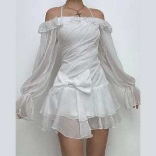 Halter off shoulder chiffon bowknot ruffle mini dress