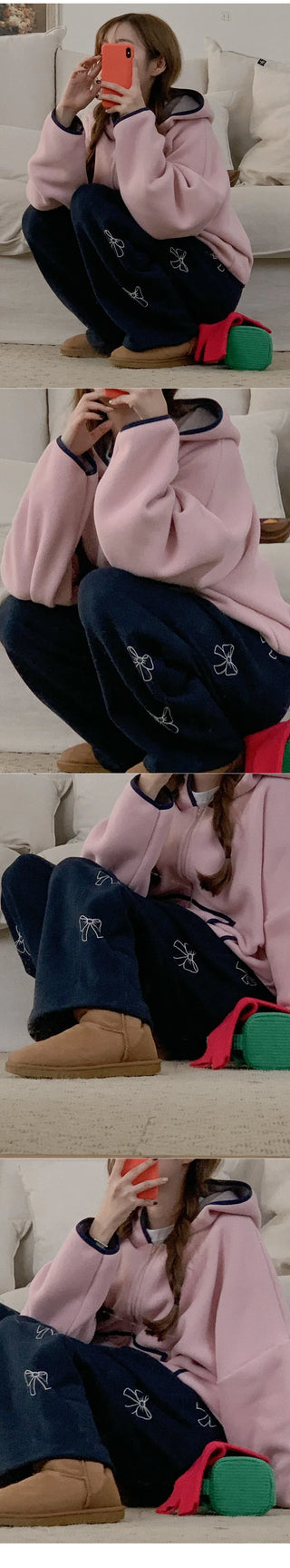 [Fleece-lined] Ribbon lettering elastic waist pants