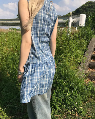 Checkered frill ribbon dress