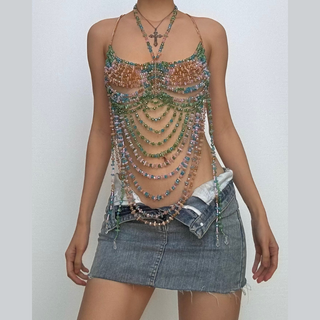Metal chain halter beaded backless contrast top