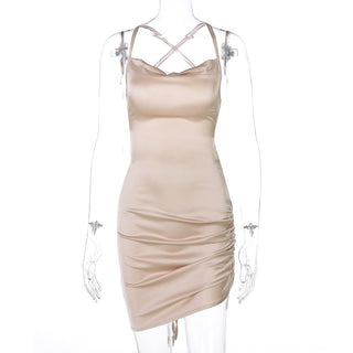 Satin cowl neck solid lace up backless ruched mini dress