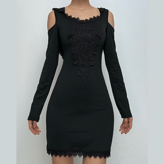 Hoodie long sleeve lace hem embroidery hollow out cut out mini dress