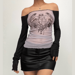 Long sleeve off shoulder ruched sheer mesh Jesus print top