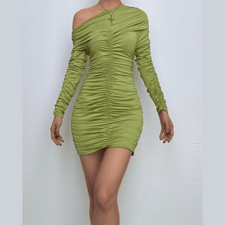 Off shoulder long sleeve ruched mini dress