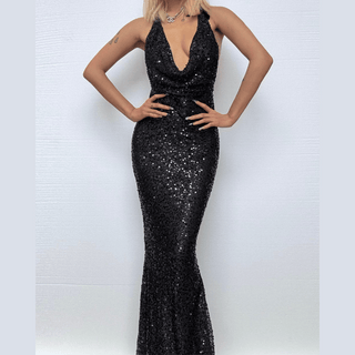 Halter self tie glitter u neck low cut backless maxi dress