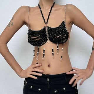 Black beaded metal chain halter backless top