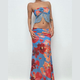Mesh flower print ruched contrast maxi dress