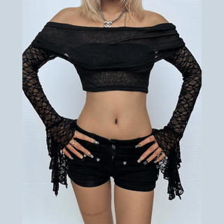 Off shoulder long flared sleeve lace top