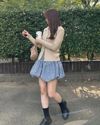 Belted check balloon mini skirt