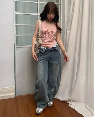 Washed distressed wide-leg denim pants
