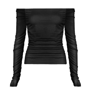 Long sleeve off shoulder mesh ruched top