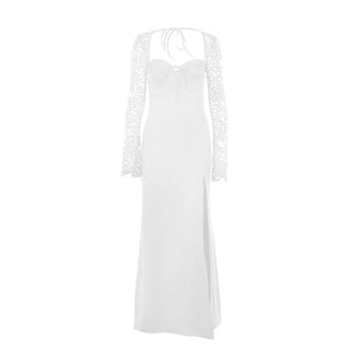 Sweetheart neck long sleeve self tie slit maxi dress-final-sale