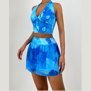 Halter v neck flower print mini skirt set