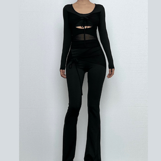 Long sleeve drawstring ruched patchwork jumpsuit