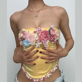 Satin bustier flower applique zip-up tube top