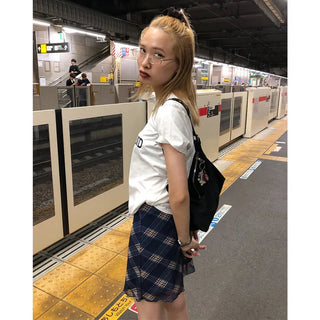 Checkered elastic waist mini skirt