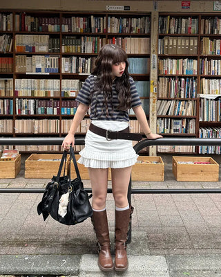 Shirred tiered pleated mini skirt