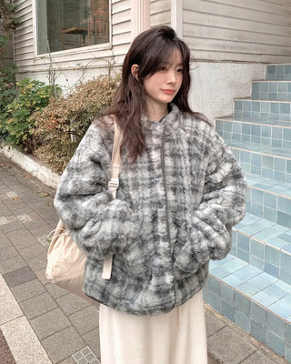 Down jacket x fleece reversible high-neck jacket