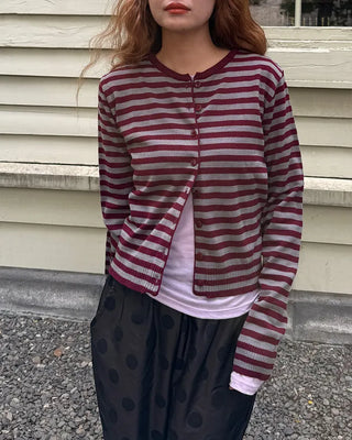 Round neck striped knit cardigan