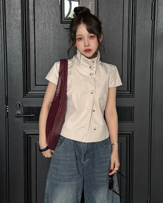 Cap-sleeve button-up high-neck blouse