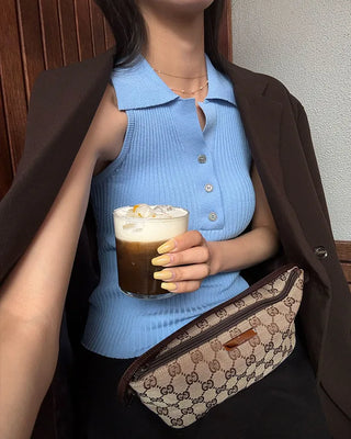 Button-up, large collar, sleeveless knit top