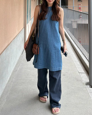 Round neck denim midi dress