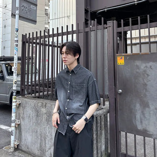 (Unisex) Washed Denim Short-Sleeve Shirt